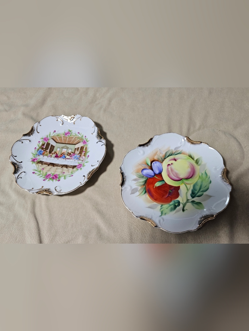 Vintage Hand-Painted Floral Porcelain Plates - Gold Trim (Set of 2)